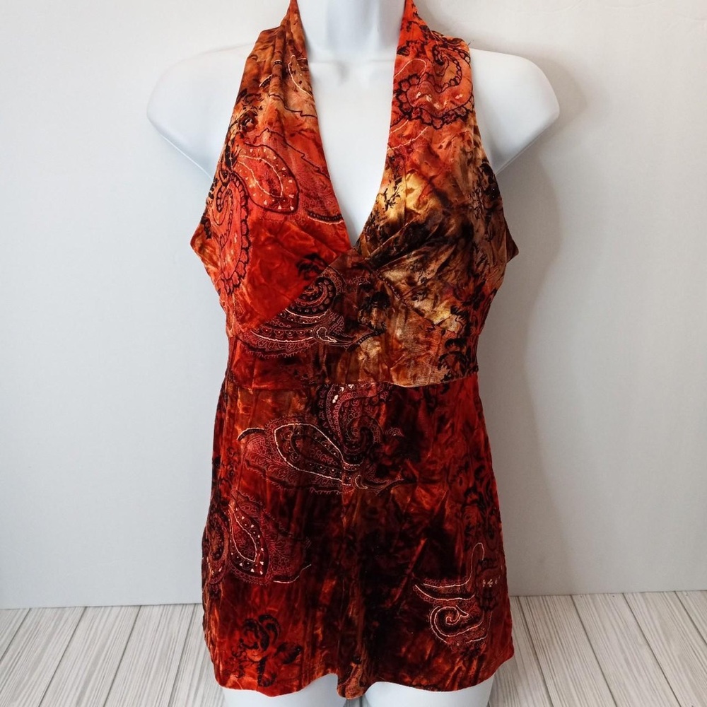 INC International Concepts Red and Orange Paisley Halter Top